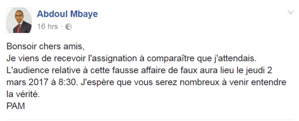 Abdoul Mbaye annonce sur Facebook le procès l'opposant à son ex-femme Abdoul Mbaye annonce sur Facebook le procès l'opposant à son ex-femme