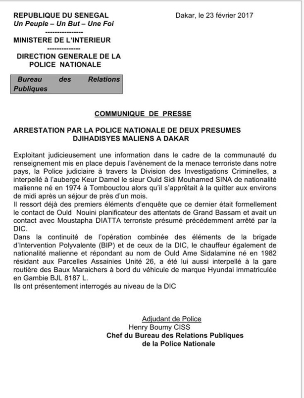 Urgent: Deux djihadistes maliens en contact avec le cerveau des attentats de Bassam arrêtés à Dakar Urgent: Deux djihadistes maliens en contact avec le cerveau des attentats de Bassam arrêtés à Dakar