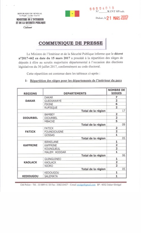 Législatives 2017: Voici le décret fixant la répartition des députés