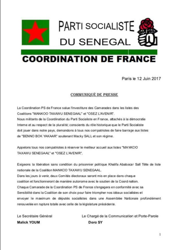 La coordination PS /France appelle au boycott de la liste Benno Bokk Yakaar La coordination PS /France appelle au boycott de la liste Benno Bokk Yakaar