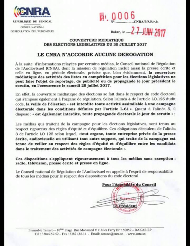 Communiqué du Conseil National de Régulation de l'Audiovisuel (CNRA)