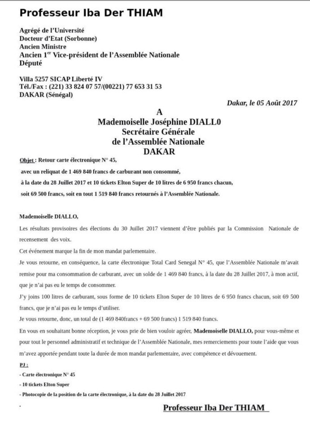 Fin de son mandat de député : Iba Der Thiam rend sa dotation en carburant