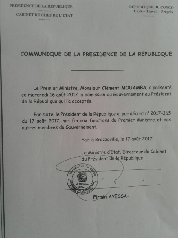 Congo-Brazzaville : le Premier ministre Clément Mouamba a démissionné Congo-Brazzaville : le Premier ministre Clément Mouamba a démissionné