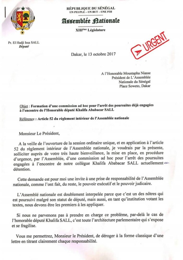 Pour la libération de Khalifa Sall, l'honorable député El Hadji Issa SALL du PUR saisit officiellement l'Assemblée nationale Pour la libération de Khalifa Sall, l'honorable député El Hadji Issa SALL du PUR saisit officiellement l'Assemblée nationale