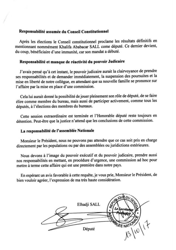 Pour la libération de Khalifa Sall, l'honorable député El Hadji Issa SALL du PUR saisit officiellement l'Assemblée nationale Pour la libération de Khalifa Sall, l'honorable député El Hadji Issa SALL du PUR saisit officiellement l'Assemblée nationale