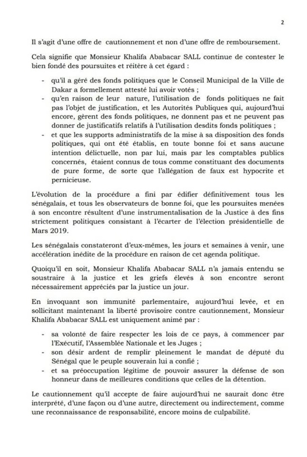 Khalifa Sall : «C’est un cautionnement et non une reconnaissance de responsabilité encore moins de culpabilité» Khalifa Sall : «C’est un cautionnement et non une reconnaissance de responsabilité encore moins de culpabilité»