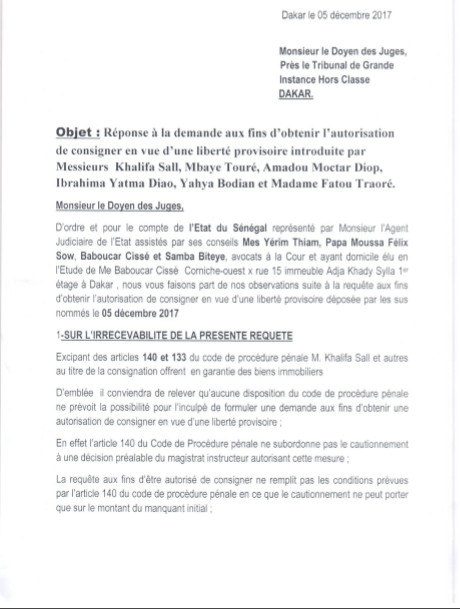 Les avocats de l’Etat demandent au Doyen des juges de rejeter l’offre de cautionnement de Khalifa Sall