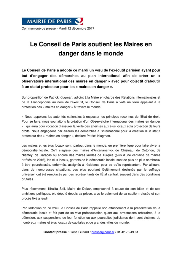 Le Conseil de Paris soutient les maire en danger dans le monde Le Conseil de Paris soutient les maire en danger dans le monde