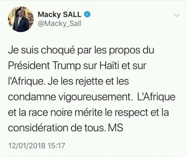 Le tweet de protestation du président Macky Sall à l'endroit de Trump Le tweet de protestation du président Macky Sall à l'endroit de Trump