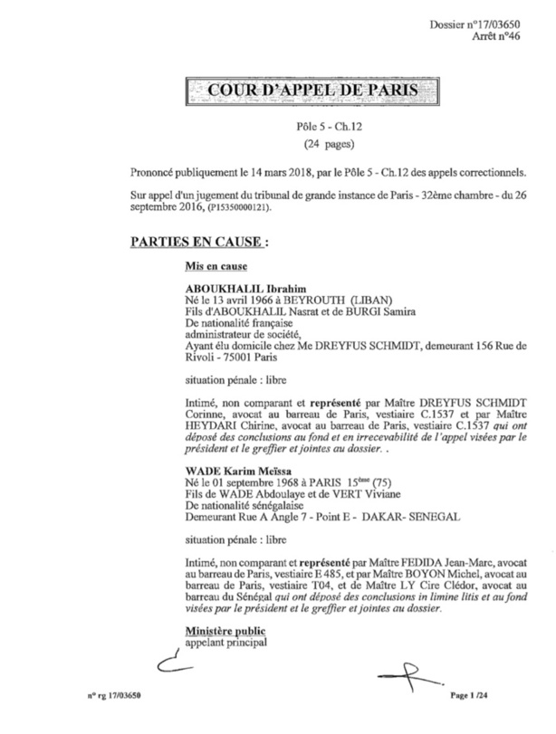 Affaire Karim Wade : Arrêt du 14 mars 2018 s'opposant à la confiscation de ses biens en France Affaire Karim Wade : Arrêt du 14 mars 2018 s'opposant à la confiscation de ses biens en France