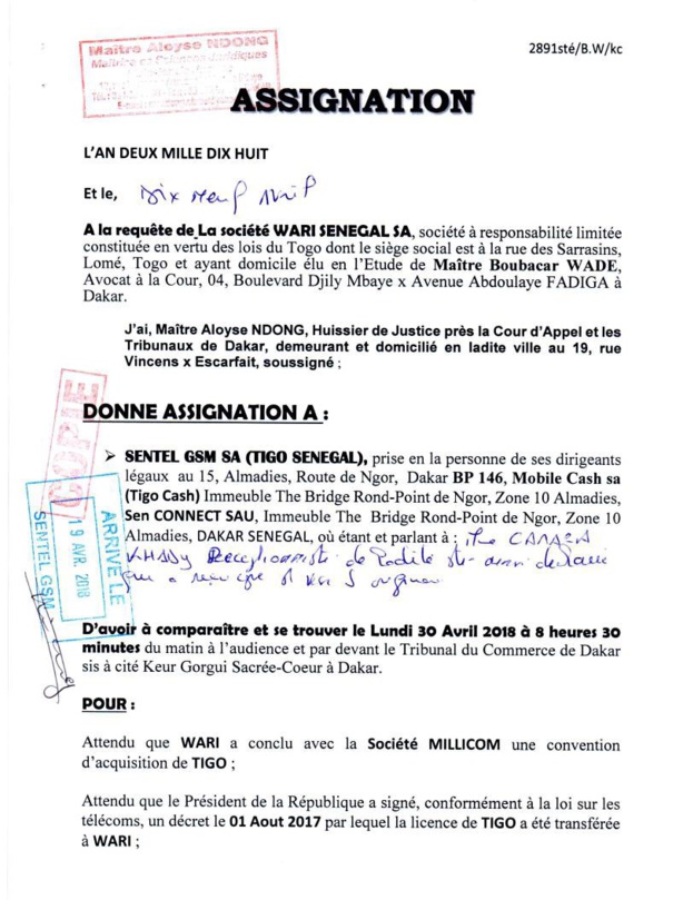 Le Groupe Wari assigne Tigo Sénégal au Tribunal du commerce de Dakar