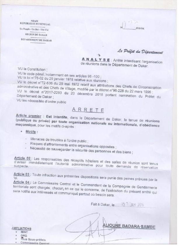 La préfecture de Dakar autorise les réunions des francs-maçons