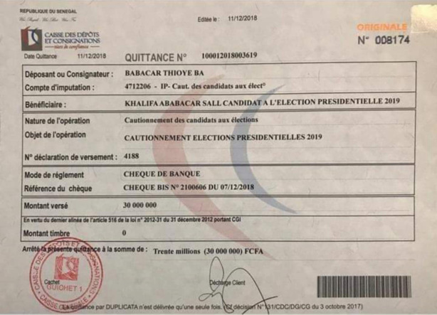 Présidentielle 2019 : Khalifa Sall a déposé sa caution Présidentielle 2019 : Khalifa Sall a déposé sa caution