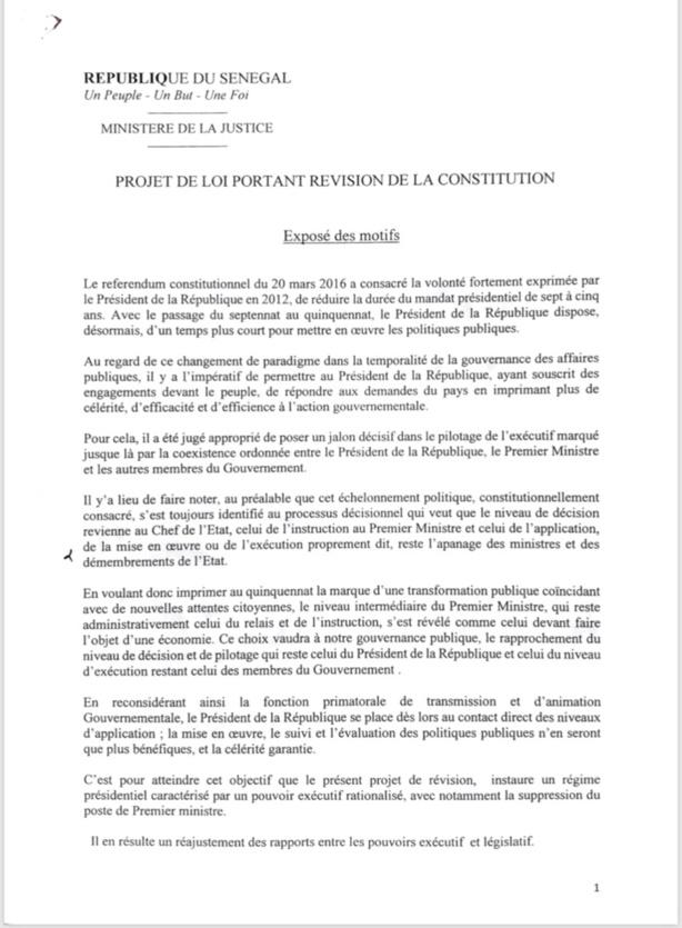 Suppression du poste de Premier ministre : Projet de loi portant révision de la Constitution au Sénégal Suppression du poste de Premier ministre : Projet de loi portant révision de la Constitution au Sénégal