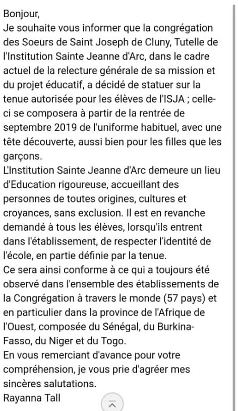 L’institution Jeanne d’Arc de Dakar interdit aux élèves voilées de rentrer dans l’Etablissement