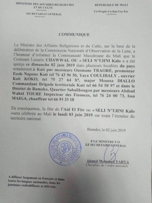 Le Mali célèbre la Korité ce lundi 03 juin Le Mali célèbre la Korité ce lundi 03 juin