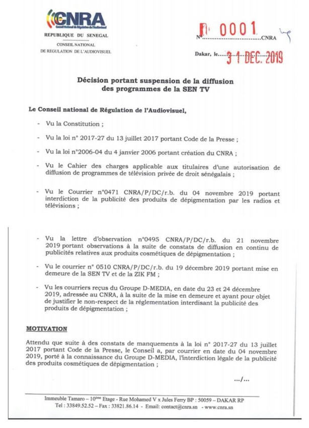 Le CNRA coupe le signal de la Sen TV pour sept jours Le CNRA coupe le signal de la Sen TV pour sept jours