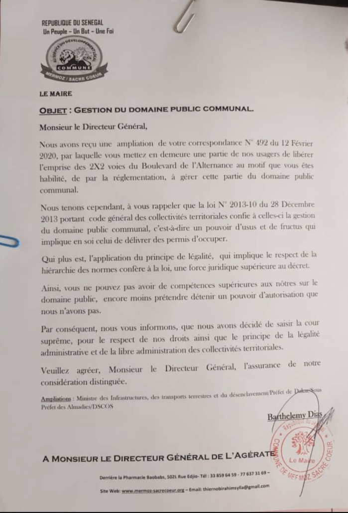 Le maire Barthélémy Dias traîne l'Ageroute devant la cour suprême. (Document)