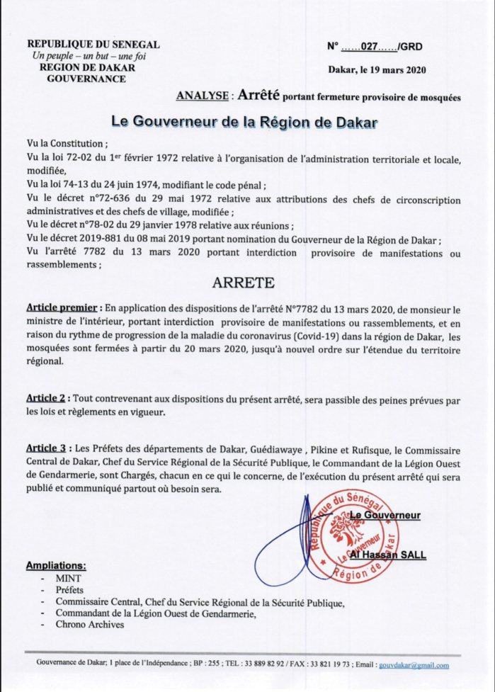 Lutte contre le Covid-19 : Les nouvelles mesures du gouverneur de Dakar