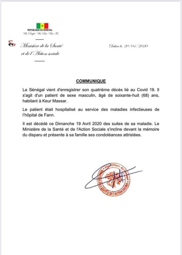 Covid-19 : Le Sénégal enregistre son 4e décès Covid-19 : Le Sénégal enregistre son 4e décès
