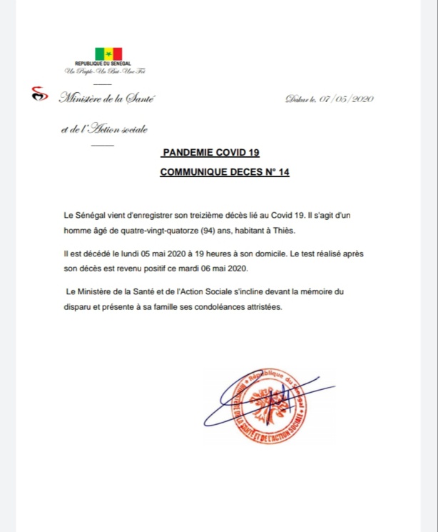Covid-19 : Le Sénégal vient d'enregistrer son 13e décès lié au coronavirus Covid-19 : Le Sénégal vient d'enregistrer son 13e décès lié au coronavirus