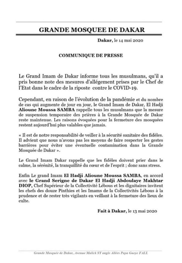 La Grande mosquée de Dakar reste fermée La Grande mosquée de Dakar reste fermée