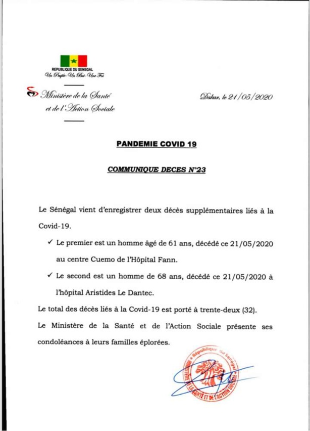 Covid-19 : Le Sénégal enregistre deux décès supplémentaires liés au coronavirus ce 21 mai Covid-19 : Le Sénégal enregistre deux décès supplémentaires liés au coronavirus ce 21 mai