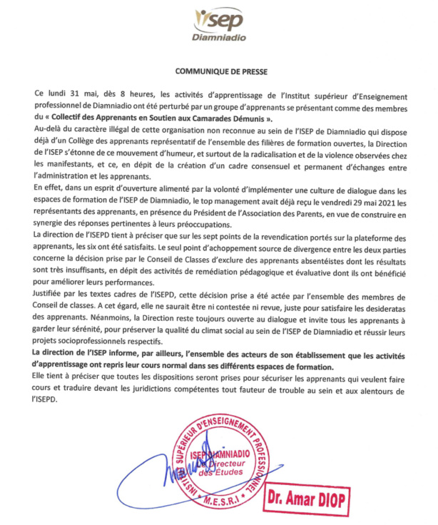 Perturbation des enseignements : Les précisions de la Direction générale de l’ISEP de Diamniadio Perturbation des enseignements : Les précisions de la Direction générale de l’ISEP de Diamniadio
