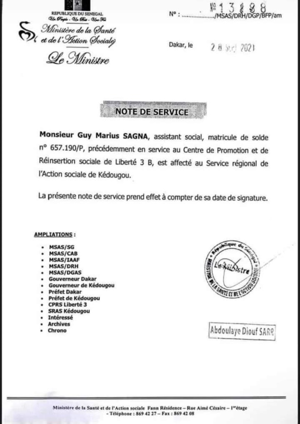 Santé : Abdoulaye Diouf Sarr affecte Guy Marius Sagna à Kédougou Santé : Abdoulaye Diouf Sarr affecte Guy Marius Sagna à Kédougou