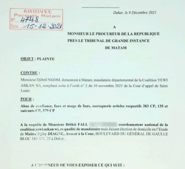 Plainte contre Djibril Ngom : Yewwi Askan Wi passe à l'acte (Document)