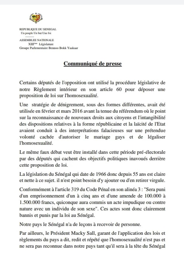 Le groupe parlementaire Benno Bokk Yaakar rejette la proposition de loi sur l'homosexualité Le groupe parlementaire Benno Bokk Yaakar rejette la proposition de loi sur l'homosexualité