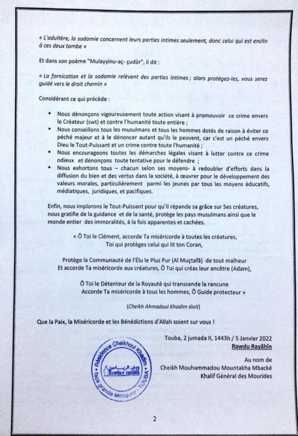 Homosexualité : Les recommandations du Khalif général des Mourides