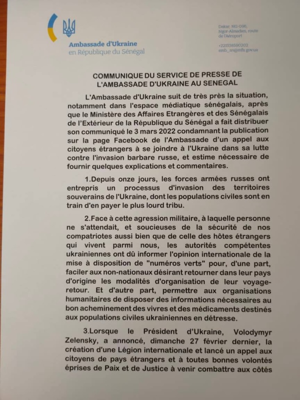 Recrutement de volontaire : « Un appel légitime du gouvernement ukrainien » selon l’ambassade de l’Ukraine au Sénégal Recrutement de volontaire : « Un appel légitime du gouvernement ukrainien » selon l’ambassade de l’Ukraine au Sénégal