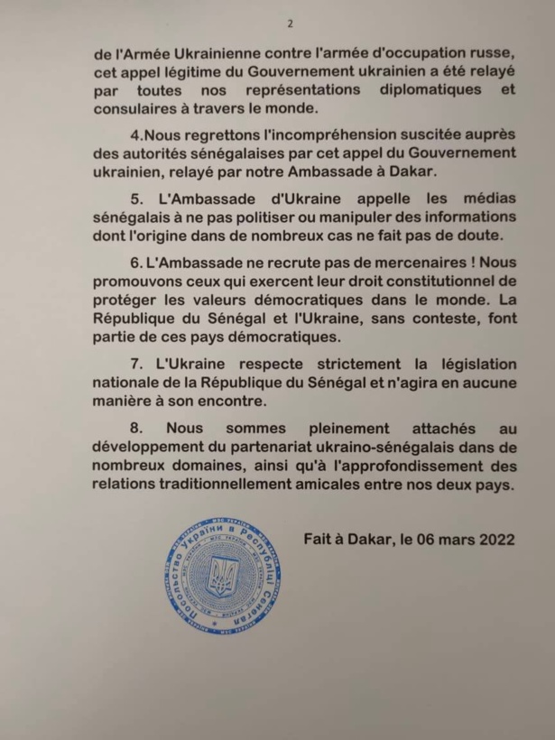 Recrutement de volontaire : « Un appel légitime du gouvernement ukrainien » selon l’ambassade de l’Ukraine au Sénégal Recrutement de volontaire : « Un appel légitime du gouvernement ukrainien » selon l’ambassade de l’Ukraine au Sénégal