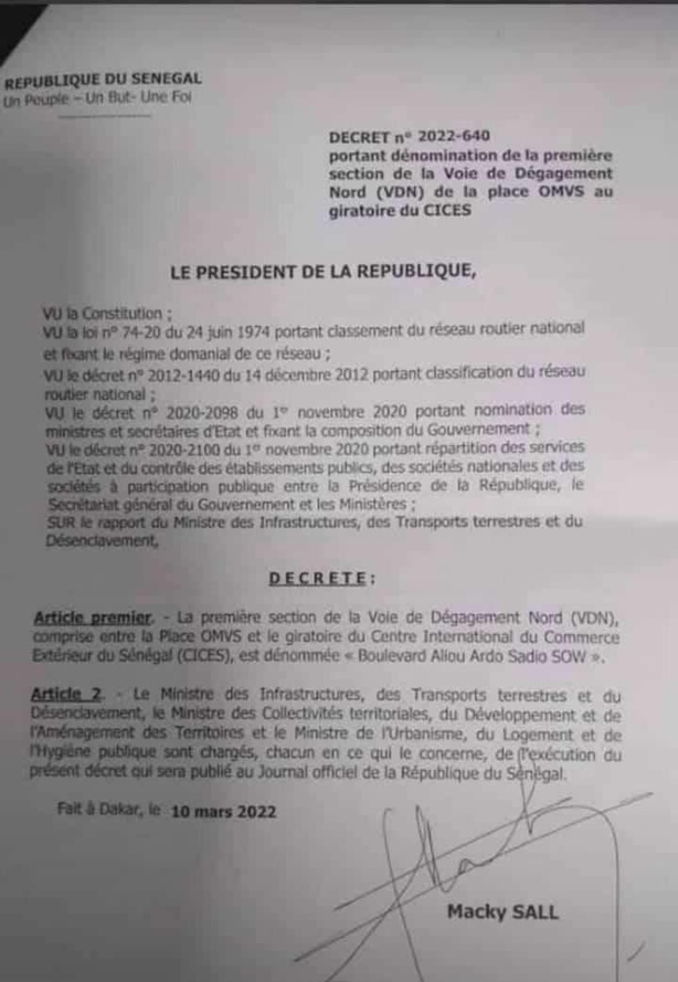DECRET : La VDN sera désormais appelée Boulevard Aliou Ardo Sow DECRET : La VDN sera désormais appelée Boulevard Aliou Ardo Sow