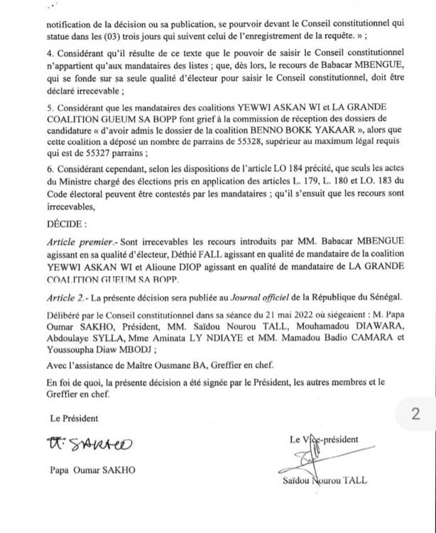 Liste nationale BBY : Les recours de Yewwi et Gueum Sa Bopp déclarés irrecevables Liste nationale BBY : Les recours de Yewwi et Gueum Sa Bopp déclarés irrecevables