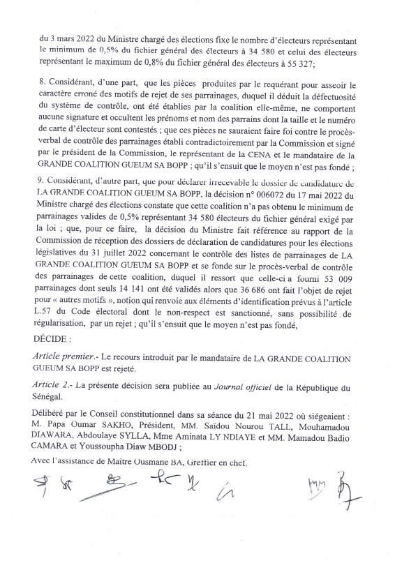 Le Conseil constitutionnel rejette le recours de Gueum Sa Bopp