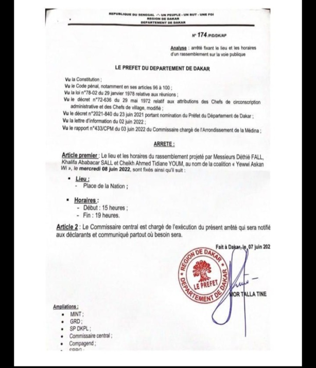 Le préfet autorise Yewwi à manifester (DOCUMENT) Le préfet autorise Yewwi à manifester (DOCUMENT)