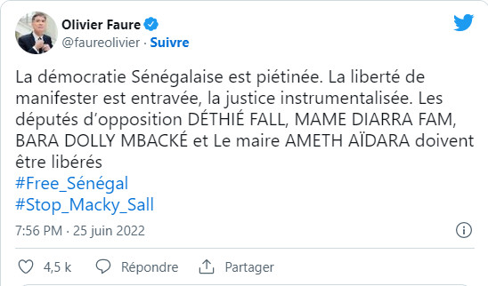 Olivier Faure : « La démocratie sénégalaise est piétinée (…) »