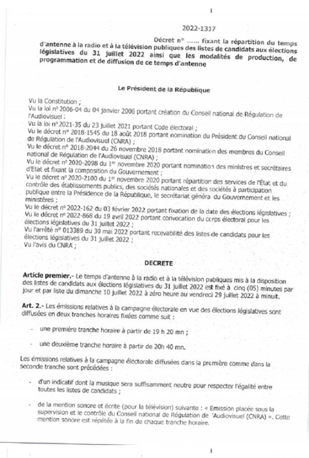 Législatives 2022 : Un décret fixe le temps d’antenne à la radio et à la télévision publiques à 5 minutes