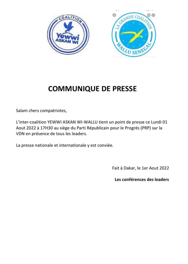 L'inter coalition Yèwwi- Wallu annonce une conférence de presse L'inter coalition Yèwwi- Wallu annonce une conférence de presse