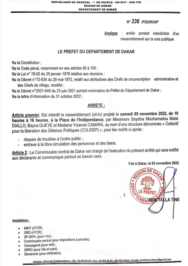 Le préfet de Dakar interdit la marche pour la libération des "détenus politiques"