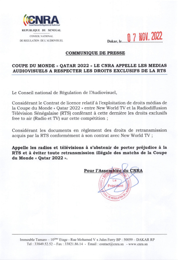 Exclusivité QATAR 2022 : Le CNRA tranche en faveur de la RTS Exclusivité QATAR 2022 : Le CNRA tranche en faveur de la RTS