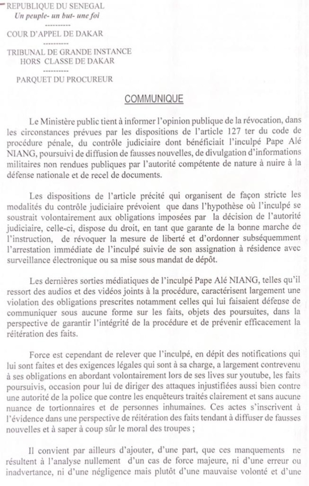 Arrestation Pape Alé Niang : Le communiqué du procureur Arrestation Pape Alé Niang : Le communiqué du procureur