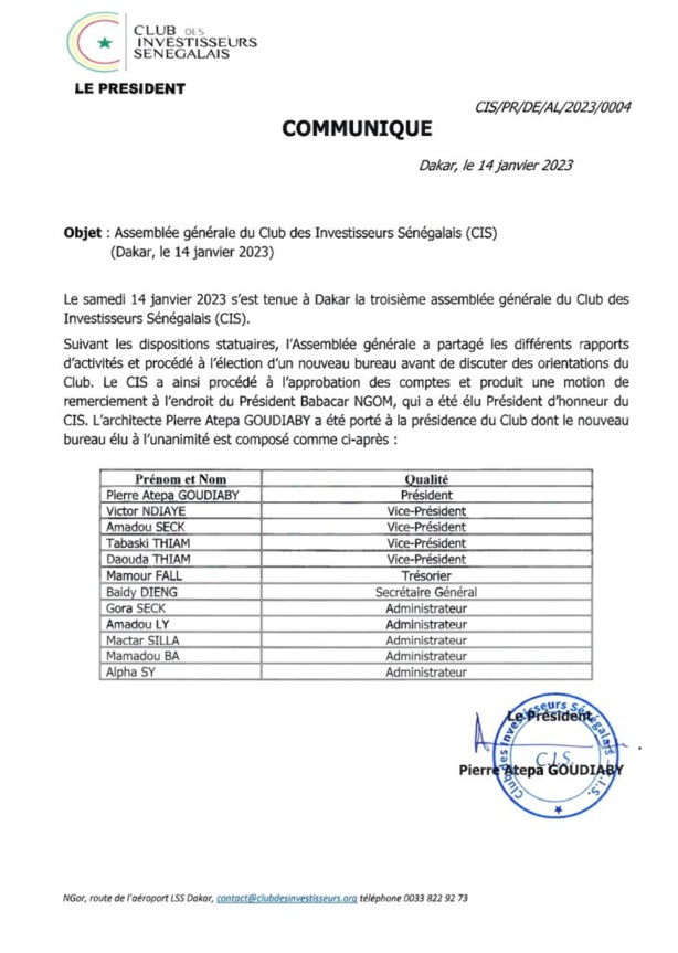 Pierre Goudiaby Atepa, élu président du Club des investisseurs Pierre Goudiaby Atepa, élu président du Club des investisseurs