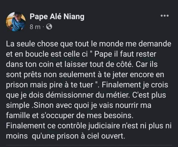Pape Alè Niang face aux exigences de sa liberté provisoire : "Je crois que je dois démissionner du métier " Pape Alè Niang face aux exigences de sa liberté provisoire : "Je crois que je dois démissionner du métier "