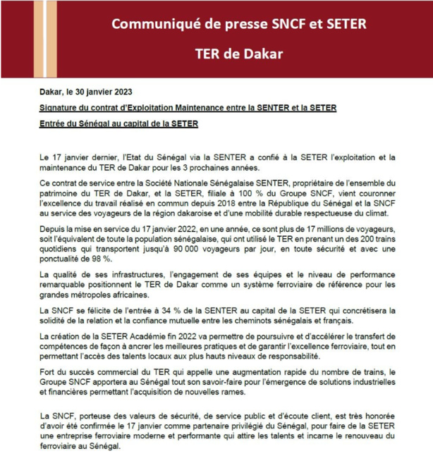 Communiqué de presse SNCF et SETER : TER de Dakar Communiqué de presse SNCF et SETER : TER de Dakar