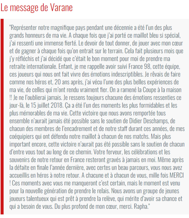 Equipe de France : Varane annonce officiellement sa retraite internationale Equipe de France : Varane annonce officiellement sa retraite internationale