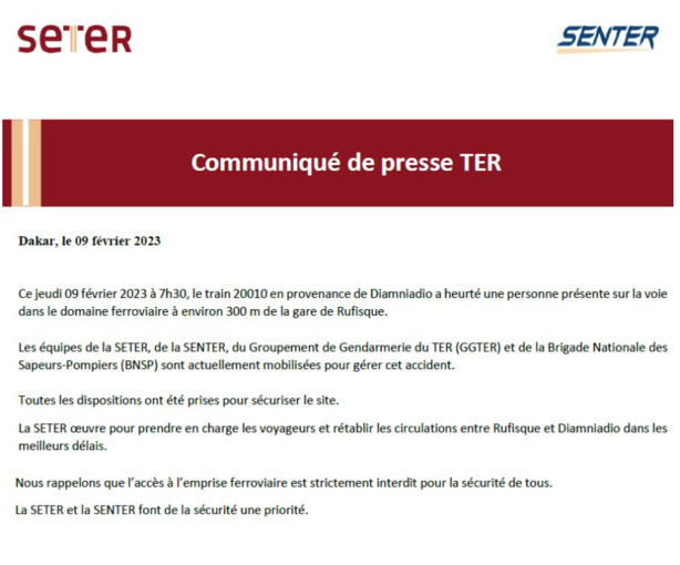 RUFISQUE : Le TER heurte une personne RUFISQUE : Le TER heurte une personne