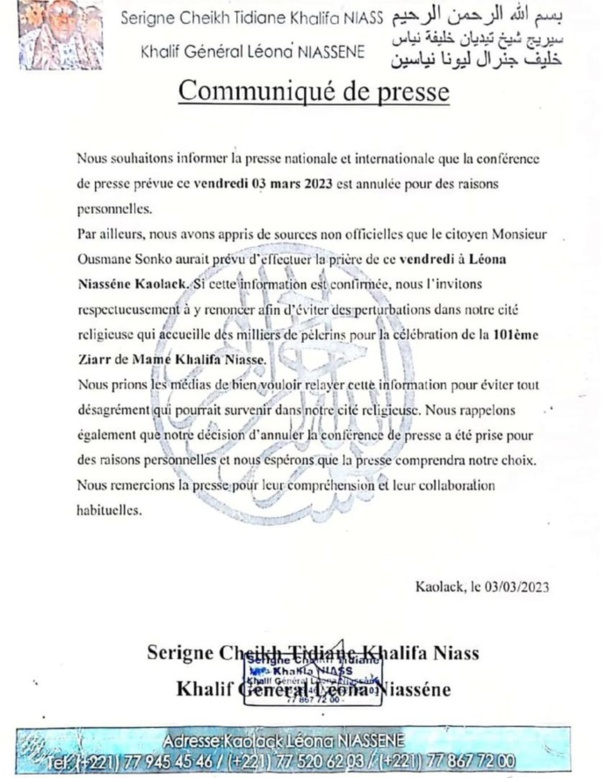 LEONA NIASSENE : Sonko invité à renoncer à la prière du vendredi LEONA NIASSENE : Sonko invité à renoncer à la prière du vendredi